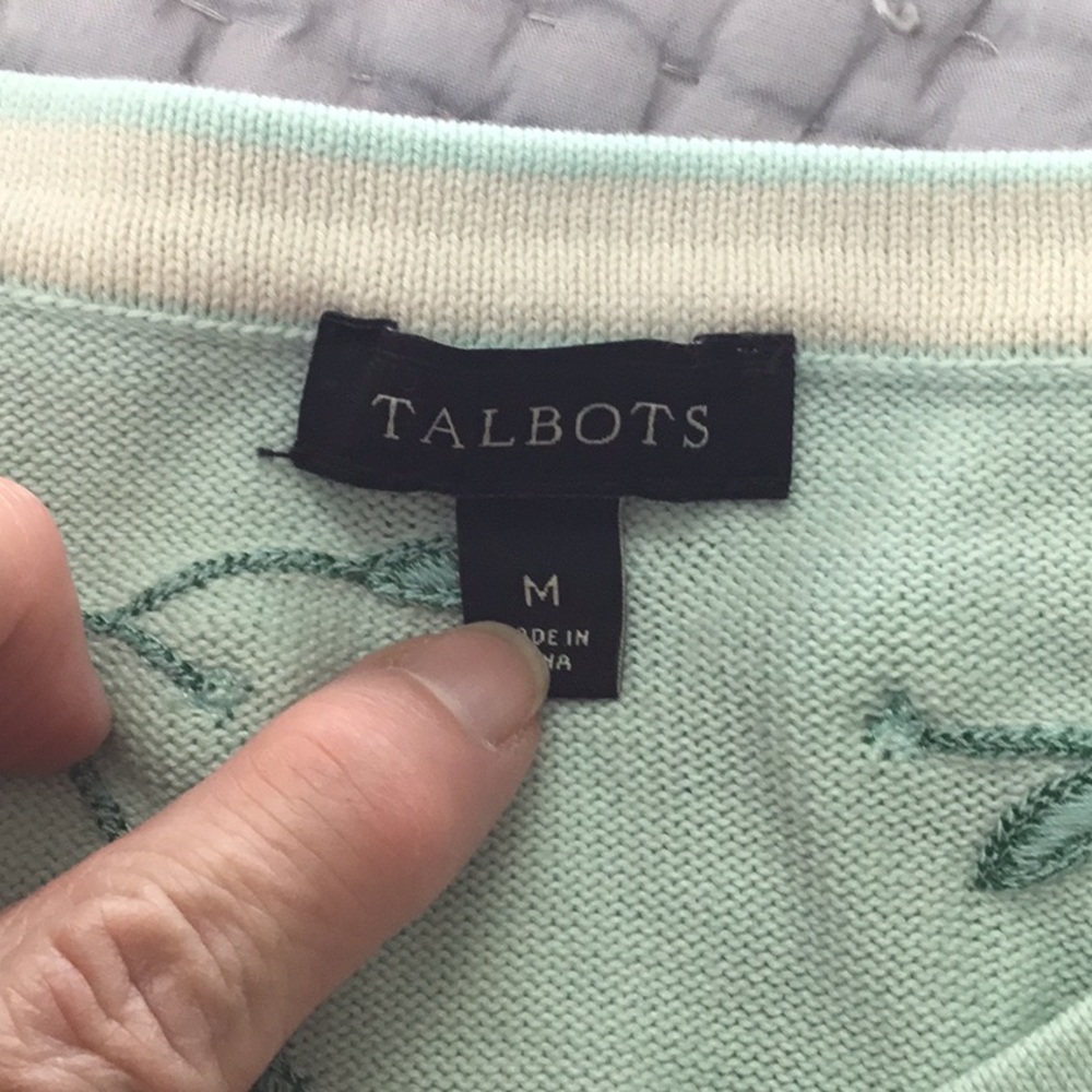 Talbots Mint Green Embroidered Pom-Pom Button Front Cardigan - Picture 5 of 7